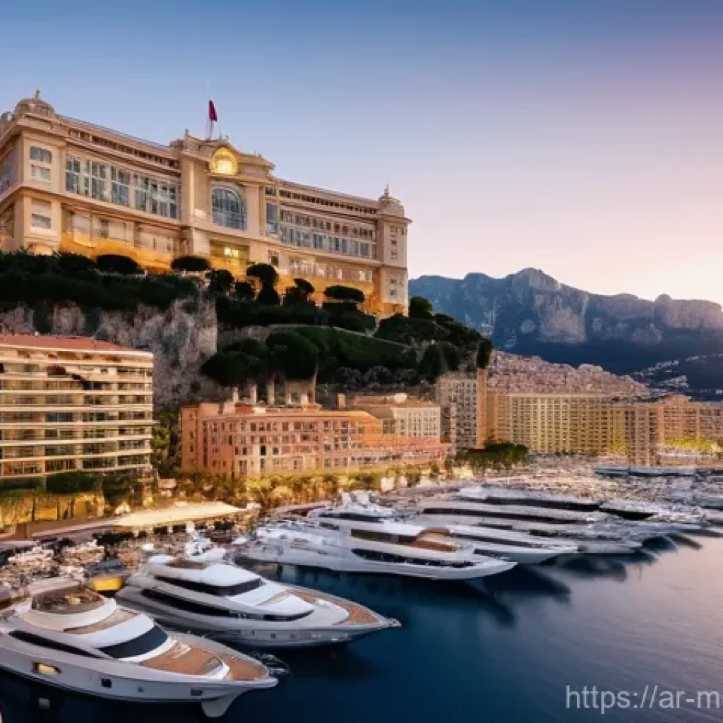 모나코와 글로벌 경제 영향력 - **"A wide, majestic shot of Monaco's coastline at dusk, showcasing a harmonious blend of luxury and ...