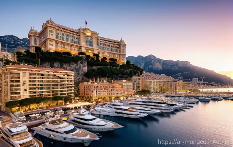 모나코와 글로벌 경제 영향력 - **"A wide, majestic shot of Monaco's coastline at dusk, showcasing a harmonious blend of luxury and ...