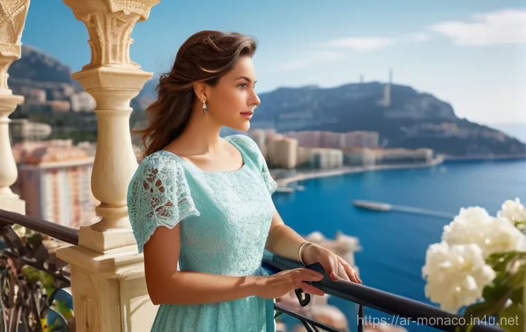 모나코 생활비 및 거주 비용 - **Monaco Mediterranean Dream Balcony**
    A sophisticated, elegantly dressed woman in her late 20s ...