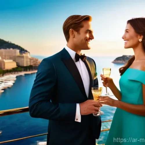 모나코에서 즐기는 프랑스 와인 및 샴페인 - **Prompt:** A glamorous couple, dressed in sophisticated evening wear, enjoying glasses of sparkling...