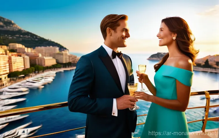 모나코에서 즐기는 프랑스 와인 및 샴페인 - **Prompt:** A glamorous couple, dressed in sophisticated evening wear, enjoying glasses of sparkling...