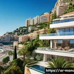 모나코에서 벌어지는 주요 정치 및 경제 이슈 - A luxurious real estate scene in Monaco showcasing modern Mediterranean-style villas and high-end ap...