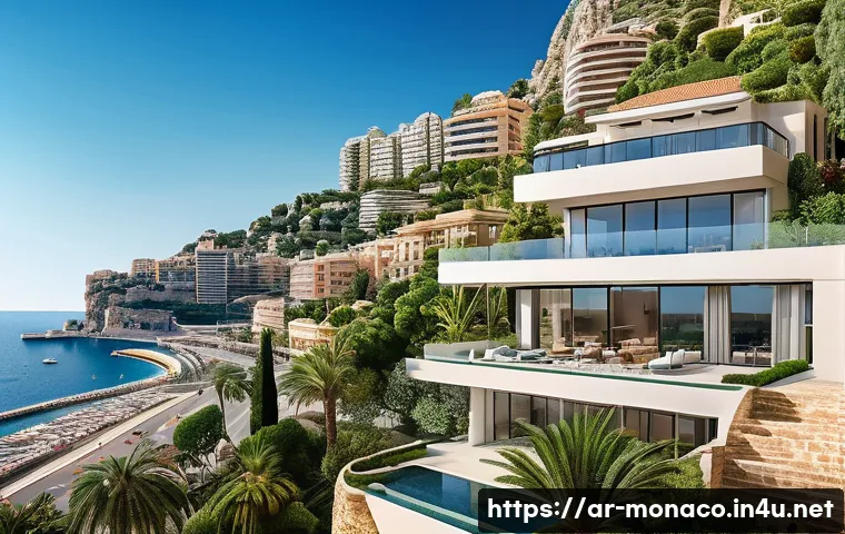 모나코에서 벌어지는 주요 정치 및 경제 이슈 - A luxurious real estate scene in Monaco showcasing modern Mediterranean-style villas and high-end ap...