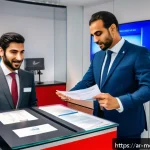 모나코 내 자동차 등록 및 운전 규칙 - A modern car registration office in Monaco, showing a friendly clerk assisting an Arab man with neat...