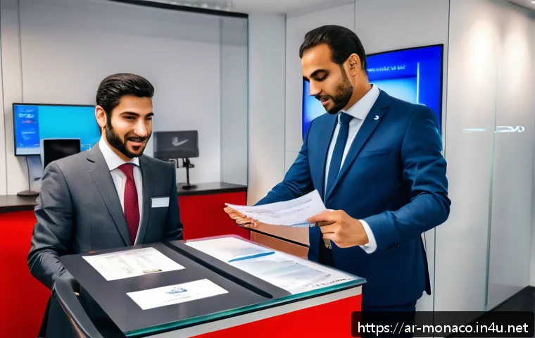 모나코 내 자동차 등록 및 운전 규칙 - A modern car registration office in Monaco, showing a friendly clerk assisting an Arab man with neat...