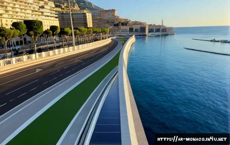 모나코의 기후 변화 대응 정책 - Photorealistic wide view of Monaco’s Mediterranean waterfront climate adaptation, modern coastal pro...