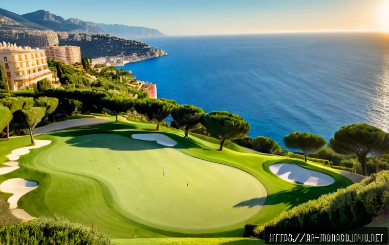 Home 17 모나코 내 유명 골프장 및 스포츠 시설 - Photorealistic panoramic view of an elegant Mediterranean golf course near Monaco, manicured green f...